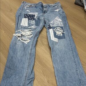 American Eagle Outfitters Blue Patchwork Straight Leg Jeans